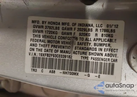 2012 Honda Civic Ex-L из США, поврежденный, VIN 19XFB2F93CE039182